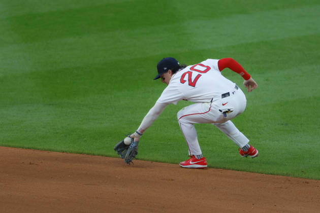 Boston Red Sox second baseman Nick Sogard fields the ball during the eighth inning against the Seattle Mariners at Fenway Park in Boston, Massachusetts on Wednesday, September 2, 2026.  BOP20260902018 CJxGUNTHER
