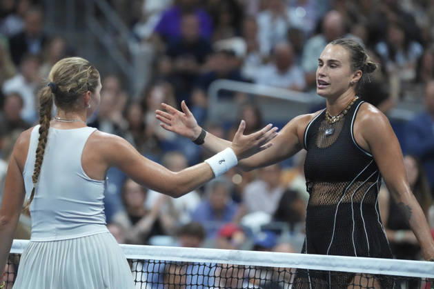 Aryna Sabalenka (R) celebrates after winning a game against Polina Iatcenko during a second-round match at the 2026 U.S. Open at Arthur Ashe Stadium in New York, USA, 02 September 2026. US Open: Aryna Sabalenka vs Polina Iatcenko !ACHTUNG: NUR REDAKTIONELLE NUTZUNG!  Copyright: xÁngelxColmenaresx AME4100 20260903-55021289919_1
