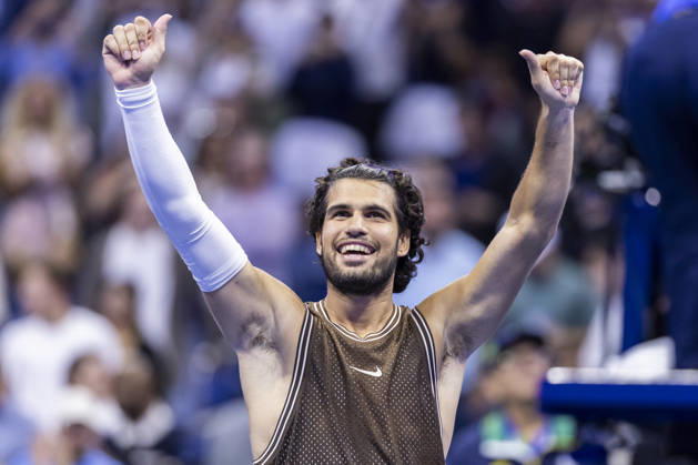 Carlos Alcaraz of Spain celebrates his win in 4 sets against Jaime Faria of Portugal after their second round match in Arthur Ashe Stadium at the 2026 US Open Tennis Championships at the USTA Billie Jean King National Tennis Center in New York City on Wednesday, September 2, 2026.  NYP20260902336 COREYxSIPKIN