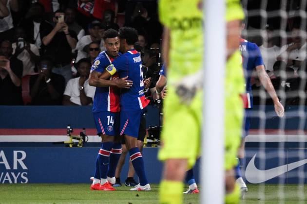 September 4, 2026, Paris, Å½Le-De-France, France: PARIS, FRANCE - SEPTEMBER 4, 2026: Paris Saint-GermainÃ¢â‚¬â ¢s forward Desire Doue celebrates scoring a goal with Paris Saint-GermainÃ¢â‚¬â ¢s defender Marquinhos during the French L1 football match between Paris Saint-Germain and AS Monaco at the Parc des Princes stadium in Paris on September 4, 2026. Paris France - ZUMAq101 20260904_zna_q101_197 Copyright: xFirasxAbdullahx