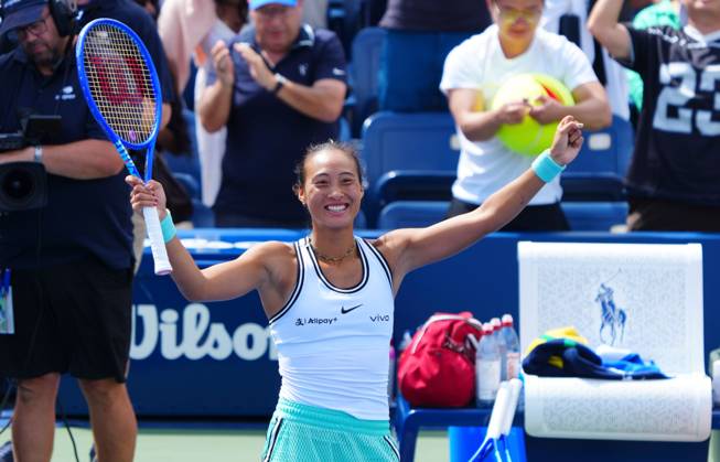 Qinwen Zheng celebrates her stunning win over Madison Keys, coming back from 5-0 down in the final set 2026 US Open, Day Seven, USTA Billie Jean King National Tennis Center, New York, USA - 05 Sep 2026New York USTA Billie Jean King National T New York (NY) United States of America EDITORIAL USE ONLY No use with unauthorised audio, video, data, fixture lists, club league logos or live services. Online in-match use limited to 120 images, no video emulation. No use in betting, games or single club league player publications.  Copyright: xJavierxGarcia Shutterstockx 17134332r