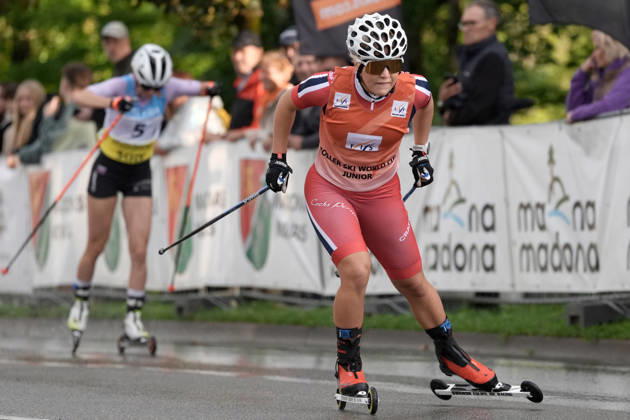 Emilie Ruud Lia of Norway and Zala Zupan of Slovenia compete during the Sprint race of the FIS Rollerski World Championships 2026 in Madona, Latvia, on September 5, 2026. Madona Latvia Copyright: xRomanxKoksarovx FIS_Rollerski20260905rk2045.JPG