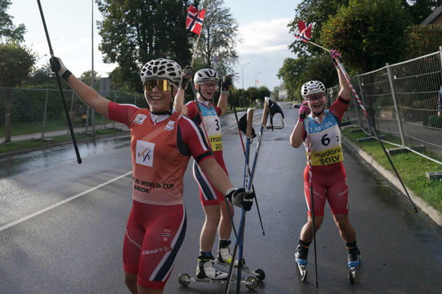 Emilie Ruud Lia, Mille Sophie Sveinhaug Aarnes and Synnoeve Kjosavik of Norway react afte the Sprint race of the FIS Rollerski World Championships 2026 in Madona, Latvia, on September 5, 2026. Madona Latvia Copyright: xRomanxKoksarovx FIS_Rollerski20260905rk2495.JPG