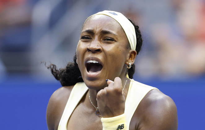 Coco Gauff celebrates after match point defeating Cristina Bucsa of Spain in straight sets in Arthur Ashe Stadium in the 3rd round at the 2026 US Open Tennis Championship at the USTA Billie Jean King National Tennis Center in New York City on Saturday, September 5, 2026.  NYP20260905105 JOHNxANGELILLO