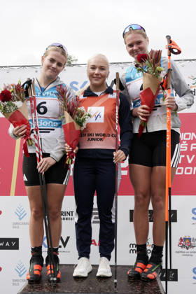 From left, Lisa Alrik of Sweden, second place, Emilie Ruud Lia of Norway, first place, and Matilda Grahn of Sweden, third place, celebrate after the Junior Women mass start race of the FIS Rollerski World Championships 2026 in Madona, Latvia, on September 6, 2026. Madona Latvia Copyright: xRomanxKoksarovx RKV01421.JPG