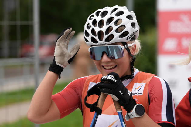 Emilie Ruud Lia of Norway reacts after the Junior Women mass start race of the FIS Rollerski World Championships 2026 in Madona, Latvia, on September 6, 2026. Madona Latvia Copyright: xRomanxKoksarovx RKV01421.JPG