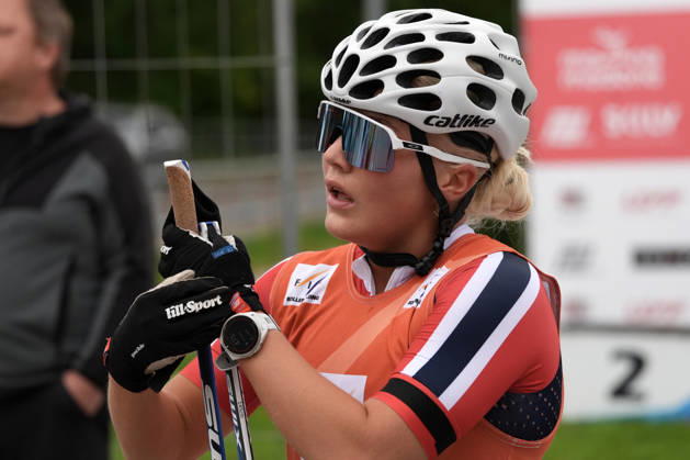Emilie Ruud Lia of Norway reacts after the Junior Women mass start race of the FIS Rollerski World Championships 2026 in Madona, Latvia, on September 6, 2026. Madona Latvia Copyright: xRomanxKoksarovx RKV01421.JPG