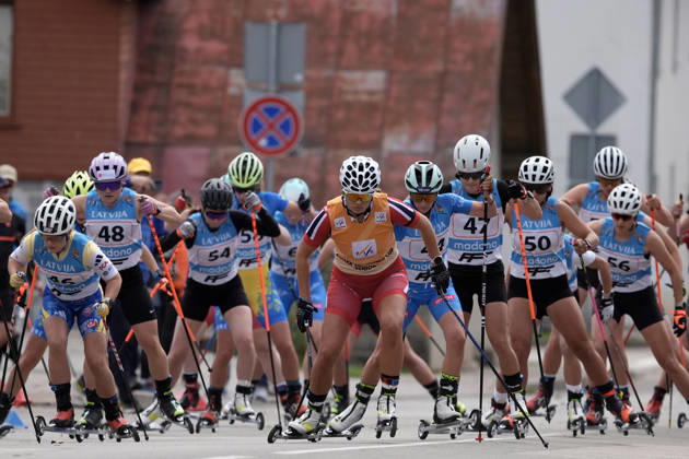 Ragnhild Aarekol of Norway, center, competes during the Women mass start race of the FIS Rollerski World Championships 2026 in Madona, Latvia, on September 6, 2026. Madona Latvia Copyright: xRomanxKoksarovx RKV01432.JPG