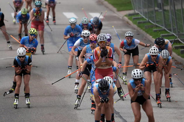 Ragnhild Aarekol of Norway, center, competes during the Women mass start race of the FIS Rollerski World Championships 2026 in Madona, Latvia, on September 6, 2026. Madona Latvia Copyright: xRomanxKoksarovx RKV01432.JPG