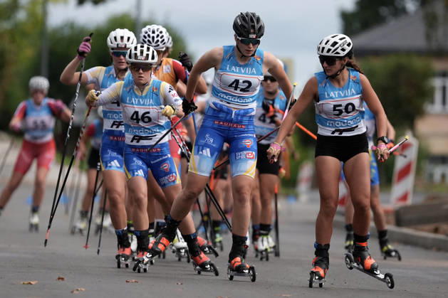 Emilia Eriksson, left, Ebba Stenman both of Sweden and Magdalena Kobielusz of Poland compete during the Women mass start race of the FIS Rollerski World Championships 2026 in Madona, Latvia, on September 6, 2026. Madona Latvia Copyright: xRomanxKoksarovx RKV01489.JPG