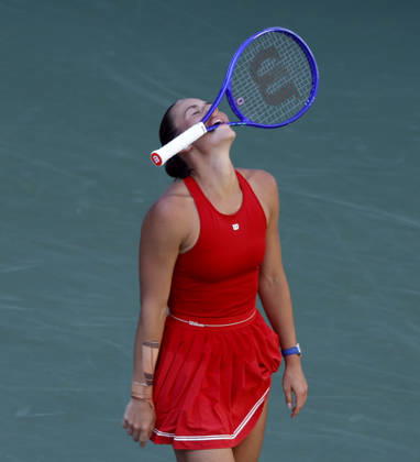 Marta Kostyuk of Ukraine reacts after losing a point in the second set against Linda Noskova of Czechia in Louis Armstrong Stadium in the 4th round at the 2026 US Open Tennis Championship at the USTA Billie Jean King National Tennis Center in New York City on Sunday, September 6, 2026. Noskova defeated Kostyuk in 3 sets and advances to the quarterfinals.  NYP20260906117 JOHNxANGELILLO