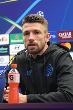 Club s Brandon Mechele is pictured during a press conference, PK, Pressekonferenz of Belgian soccer team Club Brugge KV, Monday 7 September 2026 in Knokke-Heist. Club is preparing for the first game in the UEFA Champions League league phase against English Aston Villa FC tomorrow. BRUNOxFAHY x185547218x