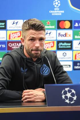 Club s Brandon Mechele is pictured during a press conference, PK, Pressekonferenz of Belgian soccer team Club Brugge KV, Monday 7 September 2026 in Knokke-Heist. Club is preparing for the first game in the UEFA Champions League league phase against English Aston Villa FC tomorrow. BRUNOxFAHY x185547941x