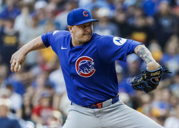 Chicago Cubs relief pitcher Jacob Webb throws in the eighth inning of the MLB, Baseball Herren, USA game between the Chicago Cubs and the Milwaukee Brewers at American Family Field in Milwaukee, Wisconsin on Monday, September 7, 2026. The Brewers defeated the Cubs 4-3.  MIL20260907831 TANNENxMAURY
