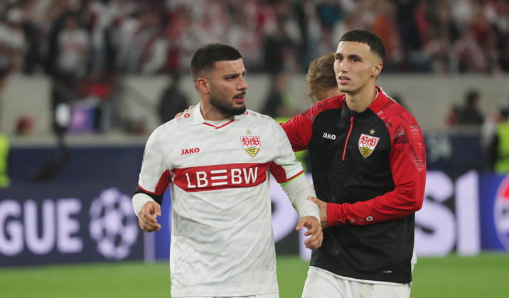 Stuttgart , Fußball UEFA Champions League VfB Stuttgart vs. Viking Stavanger , von links: Deniz Undav Bilal El Khannouss ( VfB )