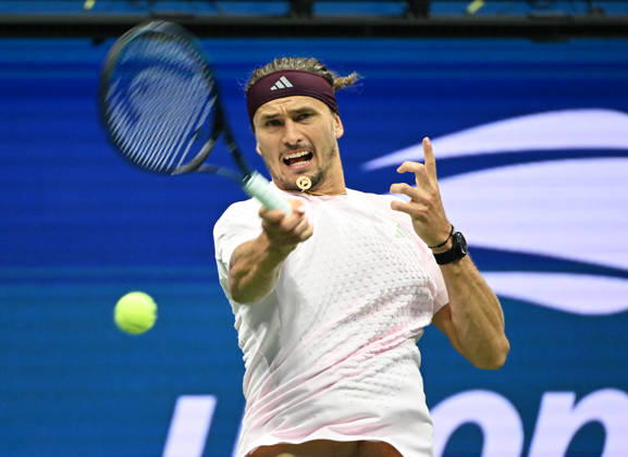 Alexander Zverev hits the ball against Botic van de Zandschulp 6-2-7-5 6-1 in Arthur Ashe Stadium during the quarter finals at the 2026 US Open Tennis Championship held at the USTA Billie Jean King National Tennis Center in New York City on Tuesday, September 9, 2026.  NYP20260909508 LARRYxMARANO