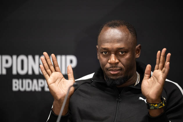 260910 Usain Bolt at a press conference, PK, Pressekonferenz during a media day for the 2026 World Athletics Ultimate Championship on September 10, 2026 in Budapest. Photo: Joel Marklund BILDBYRAN kod JM JM0849 bbeng friidrott athletics friidrett 2026 world athletics ultimate championship budapest 26 presskonferens Copyright: JOELxMARKLUND BB260910JM001