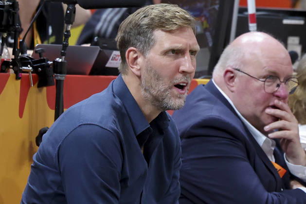 Dirk Nowitzki looks dejected during the FIBA Women s Basketball World Cup Germany 2026 Quarter-Final match between Belgium and Germany at Berlin Arena on September 10, 2026 in Berlin, Germany. (Photo by Marco Steinbrenner DeFodi Images) -