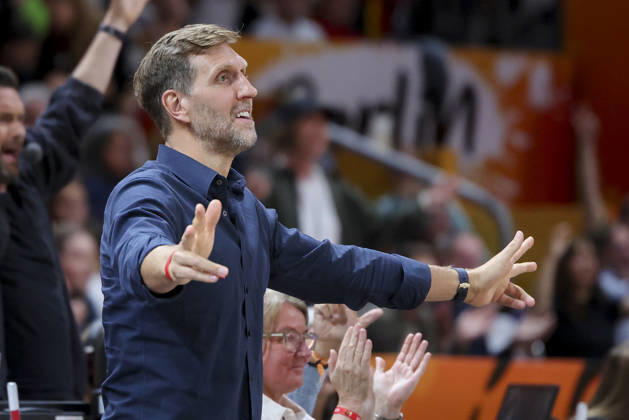 Dirk Nowitzki cheers during the FIBA Women s Basketball World Cup Germany 2026 Quarter-Final match between Belgium and Germany at Berlin Arena on September 10, 2026 in Berlin, Germany. (Photo by Marco Steinbrenner DeFodi Images) -