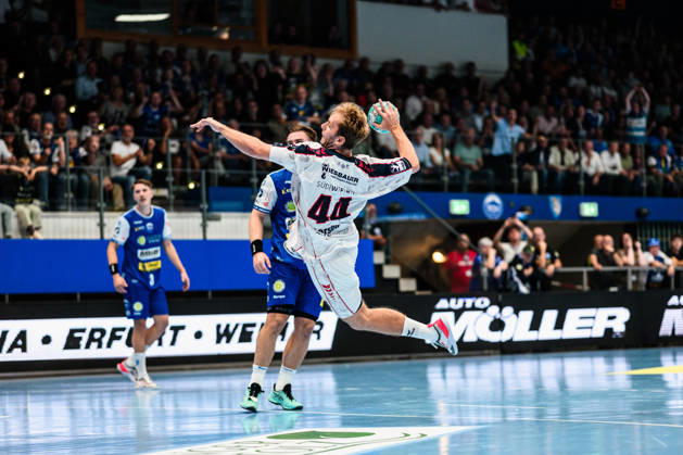 Mathias Rohde Larson (SG BBM Bietigheim, 44) komplett frei vor dem Eisenacher Tor. GER, ThSV Eisenach gegen SG BBM Bietigheim, 1. Opel Handballbundesliga, Handball, 4.Spieltag, Saison 2026 2027, 19.00 Uhr, 10.09.2026 GER, ThSV Eisenach gegen SG BBM Bietigheim, 1. Opel Handballbundesliga, Handball, 4.Spieltag, Saison 2026 2027, 19.00 Uhr, 10.09.2026 Eisenach Copyright: xMartinxHerbstx