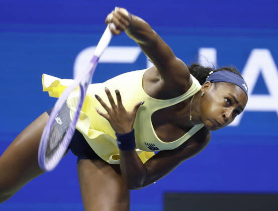 Coco Gauff serves to Elena Rybakina of Kazakhstanin in the Women s Semifinal Arthur Ashe Stadium at the 2026 US Open Tennis Championship at the USTA Billie Jean King National Tennis Center in New York City on Thursday, September 10, 2026.  NYP20260910220 JOHNxANGELILLO