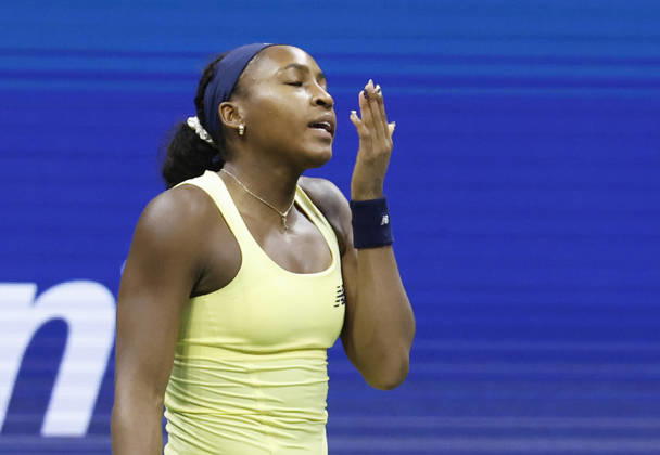 Coco Gauff reacts after losing a point to to Elena Rybakina of Kazakhstanin in the second set in the Women s Semifinal Arthur Ashe Stadium at the 2026 US Open Tennis Championship at the USTA Billie Jean King National Tennis Center in New York City on Thursday, September 10, 2026.  NYP20260910224 JOHNxANGELILLO