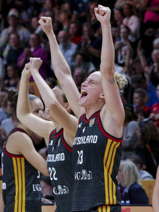Leonie Fiebich (Germany) cheers during the FIBA Women s Basketball World Cup Germany 2026 Quarter-Final match between Belgium and Germany at Berlin Arena on September 10, 2026 in Berlin, Germany. (Photo by Marco Steinbrenner DeFodi Images) -