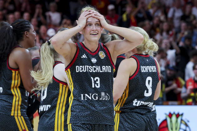 Leonie Fiebich (Germany) cheers during the FIBA Women s Basketball World Cup Germany 2026 Quarter-Final match between Belgium and Germany at Berlin Arena on September 10, 2026 in Berlin, Germany. (Photo by Marco Steinbrenner DeFodi Images) -