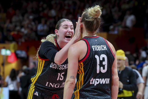 Luisa Geiselsoder (Germany) und Leonie Fiebich (Germany) cheer during the FIBA Women s Basketball World Cup Germany 2026 Quarter-Final match between Belgium and Germany at Berlin Arena on September 10, 2026 in Berlin, Germany. (Photo by Marco Steinbrenner DeFodi Images) -