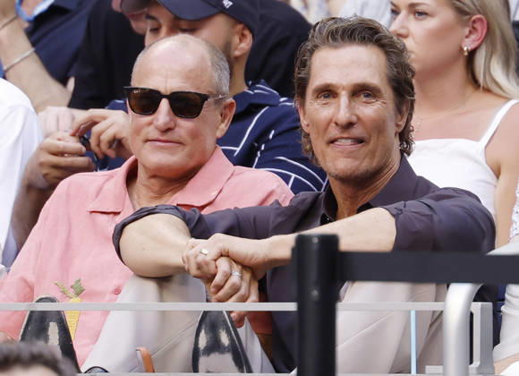 Matthew McConaughey and Woody Harrelson watch a Men s semifinals match between Alexander Zverev of Germany and Karen Khachano in Arthur Ashe Stadium at the 2026 US Open Tennis Championship at the USTA Billie Jean King National Tennis Center in New York City on Friday, September 11, 2026.  NYP20260911822a JOHNxANGELILLO