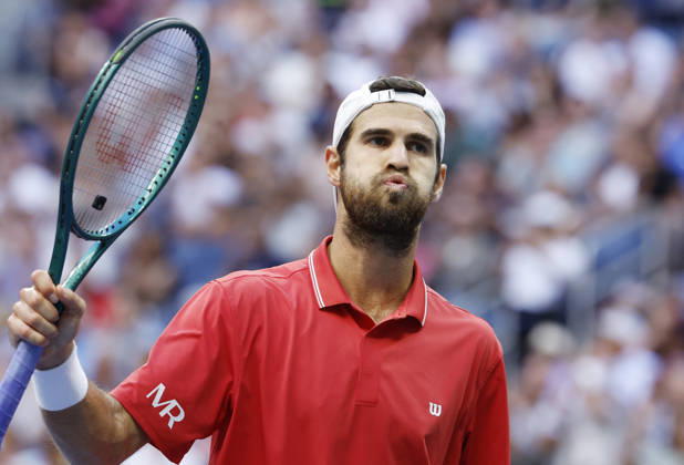 Karen Khachanov reacts after winning a point during a third set tiebreaker during his Men s semifinal against Alexander Zverev of Germany in Arthur Ashe Stadium at the 2026 US Open Tennis Championship at the USTA Billie Jean King National Tennis Center in New York City on Friday, September 11, 2026.  NYP20260911837 JOHNxANGELILLO