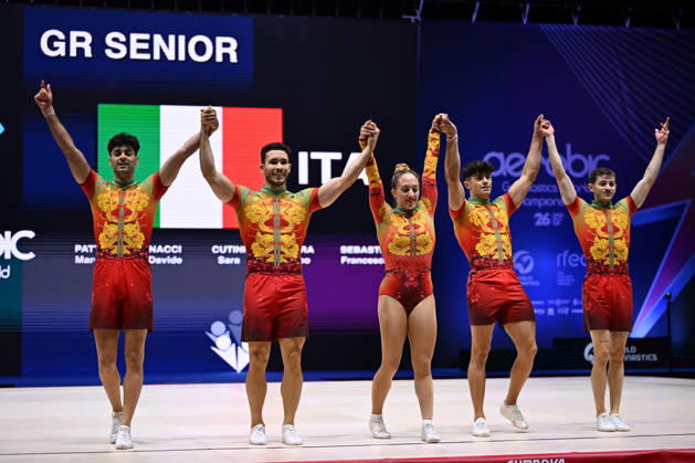 IPA88432238 - Marcello PATTERI Davide NACCI Sara CUTINI Matteo FALERA Francesco SEBASTIO (ITA) at the 19th World Aerobic Gymnastics Championships in Pamplona, Spain, on September 12, 2026  Copyright: xFilippoxTomasi IPAxSportx xx IPA88432238