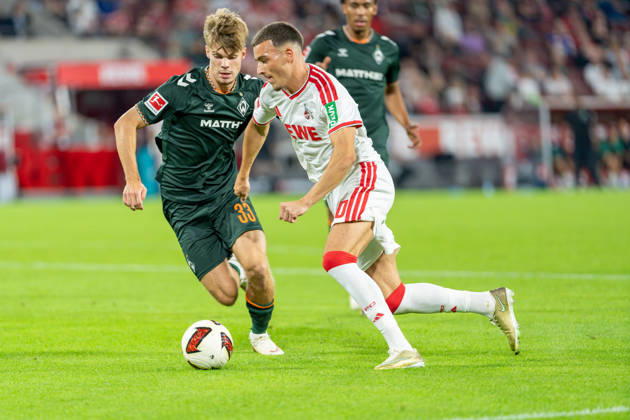 Mick Schmetgens (SV Werder Bremen, 33) im Zweikampf mit Said El Mala (1.FC Koeln, 10) 1.FC Köln vs. SV Werder Bremen, Fussball, Bundesliga, 3.Spieltag, Saison 2026 27, 12.09.2026, DFL REGULATIONS PROHIBIT ANY USE OF PHOTOGRAPHS AS IMAGE SEQUENCES AND OR QUASI-VIDEO, 1.FC Köln vs. SV Werder Bremen, Fussball, Bundesliga, 3.Spieltag, Saison 2026 27, 12.09.2026 Köln Copyright: xEibner-Pressefoto LukasxBaldygax EP_LBA