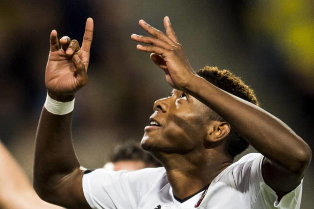Österrikes David Alaba jublar efter sitt 0-1 mal under fotbollsmatchen i EM-kvalet mellan Sverige och Österrike den 8 september 2015 i Stockholm. Stockholm Sverige Copyright: xPetterxArvidsonx