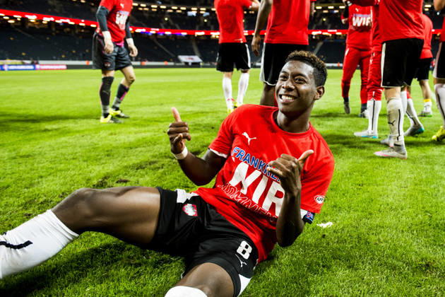 Österrikes David Alaba jublar efter fotbollsmatchen i EM-kvalet mellan Sverige och Österrike den 8 september 2015 i Stockholm. Stockholm Sverige Copyright: xPetterxArvidsonx