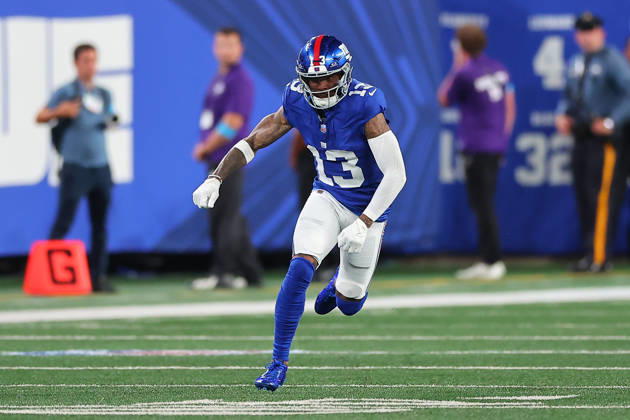 EAST RUTHERFORD, NJ - SEPTEMBER 13: Odell Beckham Jr. 13 of the New York Giants runs a route during the game against the Dallas Cowboys on September 13, 2026 at MetLife Stadium in East Rutherford, New Jersey. (Photo by Rich Graessle Icon Sportswire) NFL, American Football Herren, USA SEP 13 Cowboys at Giants EDITORIAL USE ONLY Icon26091331756