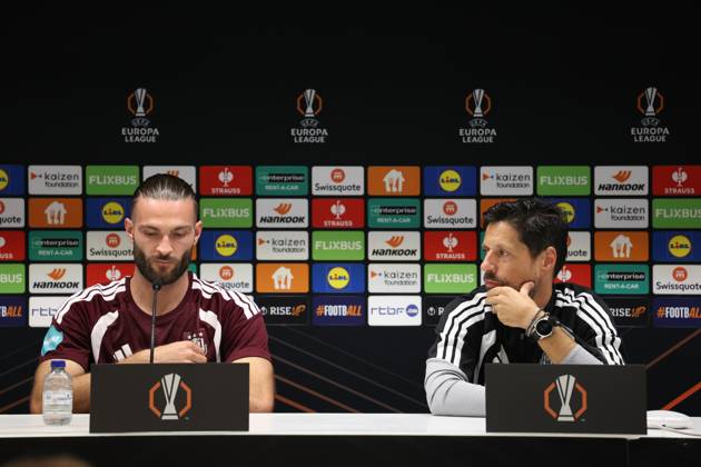 Anderlecht s Leo Petrot and Anderlecht s head coach Vitor Bruno pictured during a press conference, PK, Pressekonferenz of Belgian soccer team RSC Anderlecht ahead of the game against French club Olympique Lyonnais, Tuesday 15 September 2026 in Brussels, for the first day (out of 8) of the league phase of the UEFA Europa League phase. VIRGINIExLEFOUR  x0866920230stx