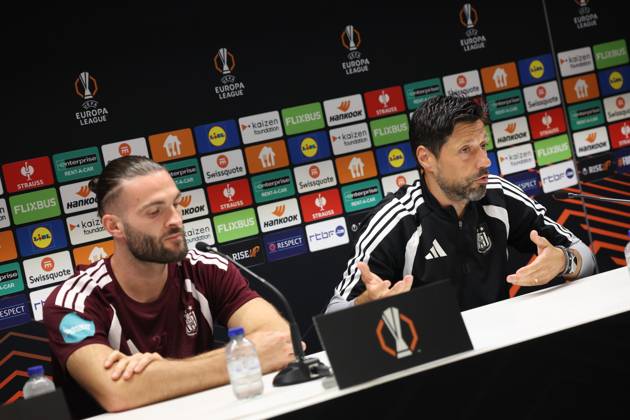 Anderlecht s Leo Petrot and Anderlecht s head coach Vitor Bruno pictured during a press conference, PK, Pressekonferenz of Belgian soccer team RSC Anderlecht ahead of the game against French club Olympique Lyonnais, Tuesday 15 September 2026 in Brussels, for the first day (out of 8) of the league phase of the UEFA Europa League phase. VIRGINIExLEFOUR  x0866920471stx