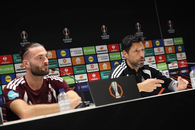 Anderlecht s Leo Petrot and Anderlecht s head coach Vitor Bruno pictured during a press conference, PK, Pressekonferenz of Belgian soccer team RSC Anderlecht ahead of the game against French club Olympique Lyonnais, Tuesday 15 September 2026 in Brussels, for the first day (out of 8) of the league phase of the UEFA Europa League phase. VIRGINIExLEFOUR  x0866921067stx