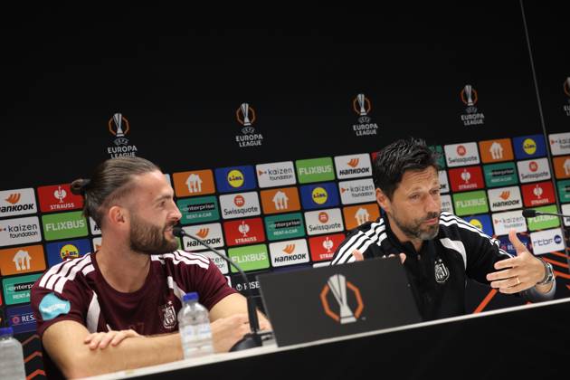 Anderlecht s Leo Petrot and Anderlecht s head coach Vitor Bruno pictured during a press conference, PK, Pressekonferenz of Belgian soccer team RSC Anderlecht ahead of the game against French club Olympique Lyonnais, Tuesday 15 September 2026 in Brussels, for the first day (out of 8) of the league phase of the UEFA Europa League phase. VIRGINIExLEFOUR  x0866921069stx