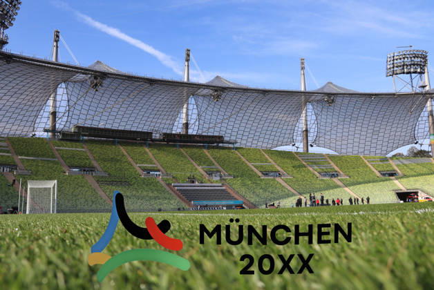 ! ACHTUNG FOTOMONTAGE ! Hier im Bild das Olympiastadion in München, wo über eine mögliche Olympiavergabe nach München erneut die Olympischen Sommerspiele ausgetragen werden sollen, Olympiabewerbung München, Olympia, Landeshauptstadt, hier mit dem abfotografierten Logo, Schriftzug der Bewerbung München 20XX, Abstimmung