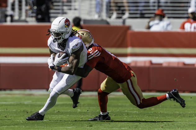 Sep 4, 2026; Santa Clara, CA, USA; Arizona Cardinals wide receiver Marvin Harrison Jr. (18)tries to break away from San Francisco 49ers cornerback Renardo Green (0)during the NFL, American Football Herren, USA NFC West game between the Arizona Cardinals and the San Francisco 49ers at Levi s Stadium. Mandatory Credit: Cal Media Santa Clara USA - ZUMAc04_ 20260927_zma_c04_165 Copyright: xThurmanxJamesx