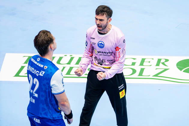 01.10.2026, GER, Handball, Maenner, Saison 26 27, Opel 1.Bl, 7.Spieltag, ThSV Eisenach - TVB Stuttgart Felix Aellen (ThSV Eisenach,22), Matija Spikic (ThSV Eisenach,1) 99817 Eisenach Werner-Assmann-Halle Am Sportp Thueringen Deutschland
