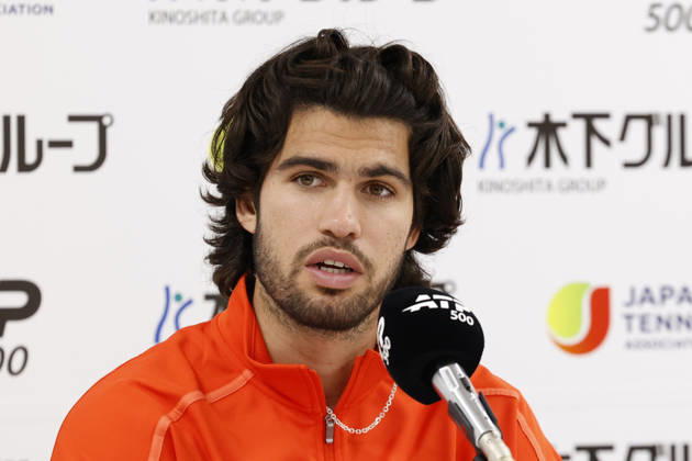 October 3, 2026, Tokyo, Japan: Carlos Alcaraz (Spain) speaks during a press conference, PK, Pressekonferenz after winning the Round of 16 match against Matteo Arnaldi (Italy) at the Kinoshita Group Japan Open Tennis Championships at Ariake Colosseum in Tokyo. The tournament runs from September 29 to October 6. Alcaraz won 7-6(6), 6-1. Tokyo Japan - ZUMAm191 20261003_aap_m191_062 Copyright: xRodrigoxReyesxMarinx