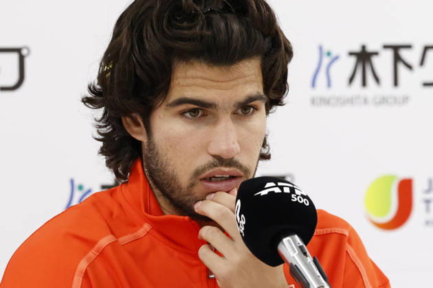October 3, 2026, Tokyo, Japan: Carlos Alcaraz (Spain) speaks during a press conference, PK, Pressekonferenz after winning the Round of 16 match against Matteo Arnaldi (Italy) at the Kinoshita Group Japan Open Tennis Championships at Ariake Colosseum in Tokyo. The tournament runs from September 29 to October 6. Alcaraz won 7-6(6), 6-1. Tokyo Japan - ZUMAm191 20261003_aap_m191_065 Copyright: xRodrigoxReyesxMarinx