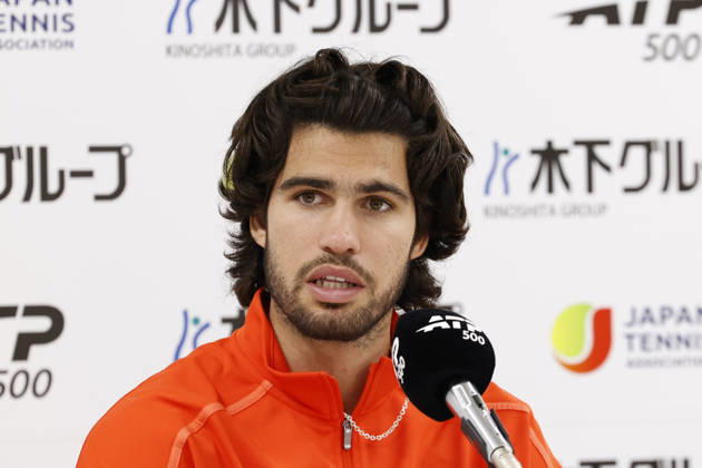 October 3, 2026, Tokyo, Japan: Carlos Alcaraz (Spain) speaks during a press conference, PK, Pressekonferenz after winning the Round of 16 match against Matteo Arnaldi (Italy) at the Kinoshita Group Japan Open Tennis Championships at Ariake Colosseum in Tokyo. The tournament runs from September 29 to October 6. Alcaraz won 7-6(6), 6-1. Tokyo Japan - ZUMAm191 20261003_aap_m191_069 Copyright: xRodrigoxReyesxMarinx