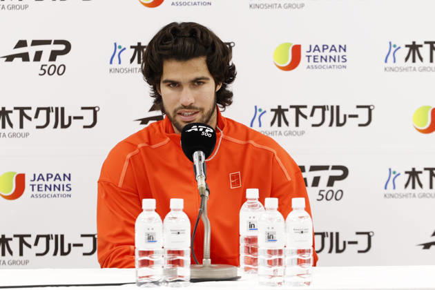 October 3, 2026, Tokyo, Japan: Carlos Alcaraz (Spain) speaks during a press conference, PK, Pressekonferenz after winning the Round of 16 match against Matteo Arnaldi (Italy) at the Kinoshita Group Japan Open Tennis Championships at Ariake Colosseum in Tokyo. The tournament runs from September 29 to October 6. Alcaraz won 7-6(6), 6-1. Tokyo Japan - ZUMAm191 20261003_aap_m191_073 Copyright: xRodrigoxReyesxMarinx