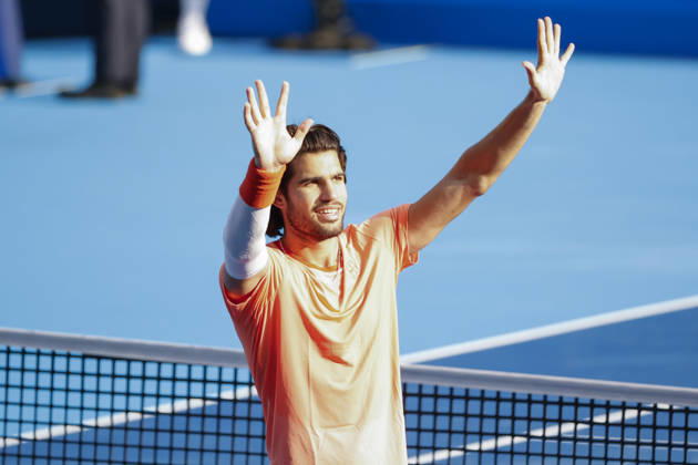 October 3, 2026, Tokyo, Japan: Carlos Alcaraz (Spain) celebrates after winning against Matteo Arnaldi (Italy) during their Round of 16 match at the Kinoshita Group Japan Open Tennis Championships at Ariake Colosseum in Tokyo. The tournament runs from September 29 to October 6. Alcaraz won 7-6(6), 6-1. Tokyo Japan - ZUMAm191 20261003_aap_m191_077 Copyright: xRodrigoxReyesxMarinx