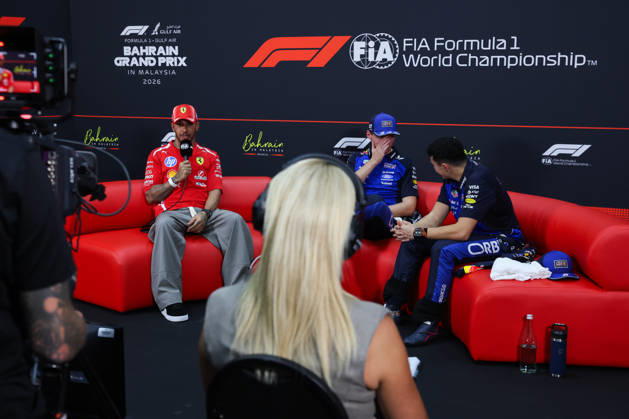 F1 - BAHRAIN GRAND PRIX IN MALAYSIA 2026 BROOKES Rachel, press conference, PK, Pressekonferenz HAMILTON Lewis (gbr), Scuderia Ferrari SF-26, VERSTAPPEN Max (nld), Red Bull Racing Ford RB22, HADJAR Isack (fra), Red Bull Racing Ford RB22, portrait during the 2026 Formula 1 Bahrain Grand Prix in Malaysia, 16th round of the 2026 Formula One World Championship, WM, Weltmeisterschaft from October 2 to 4, 2026 on the Sepang International Circuit, in Sepang, Malaysia - SepangMalaysia Copyright: xANTONINxVINCENTx