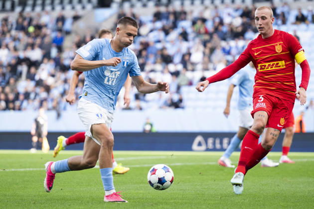 261003 Jovan Milosavljevic of Malmö FF and Tobias Salquist of FC Nordsjälland during the Friendly match between Malmö FF and FC Nordsjälland on October 3, 2026 in Malmö. Photo: Avdo Bilkanovic BILDBYRAN COP 115 AB0391 fotboll football soccer fotball träningsmatch friendly match malmö ff fc nordsjälland bbeng Copyright: AVDOxBILKANOVIC BB261003AB021